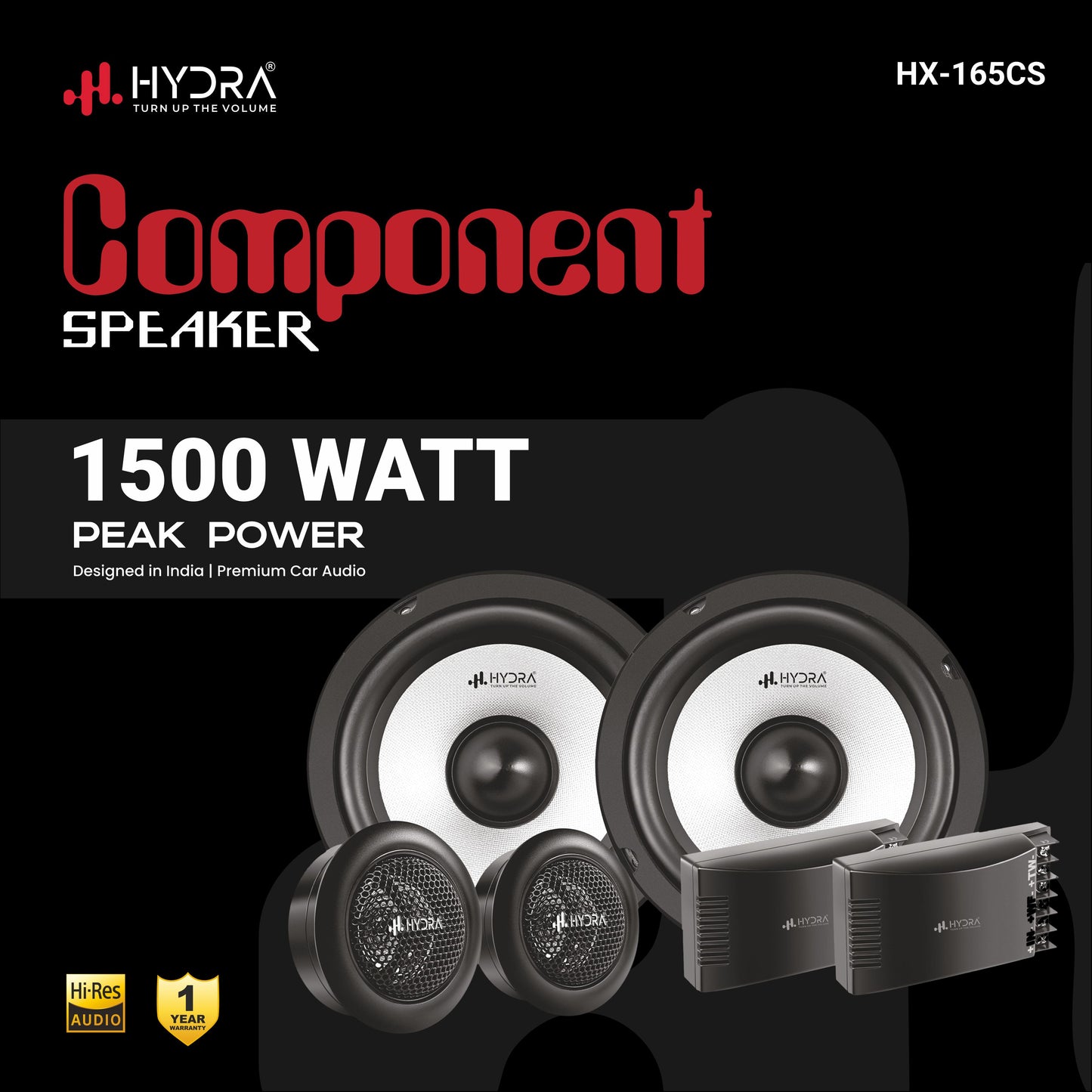 Hydra 6.5 Inch 2-Way Component Car Speaker System, Hi-Res Audio Compatible HX-165CS Component Car Speaker (1500 W)