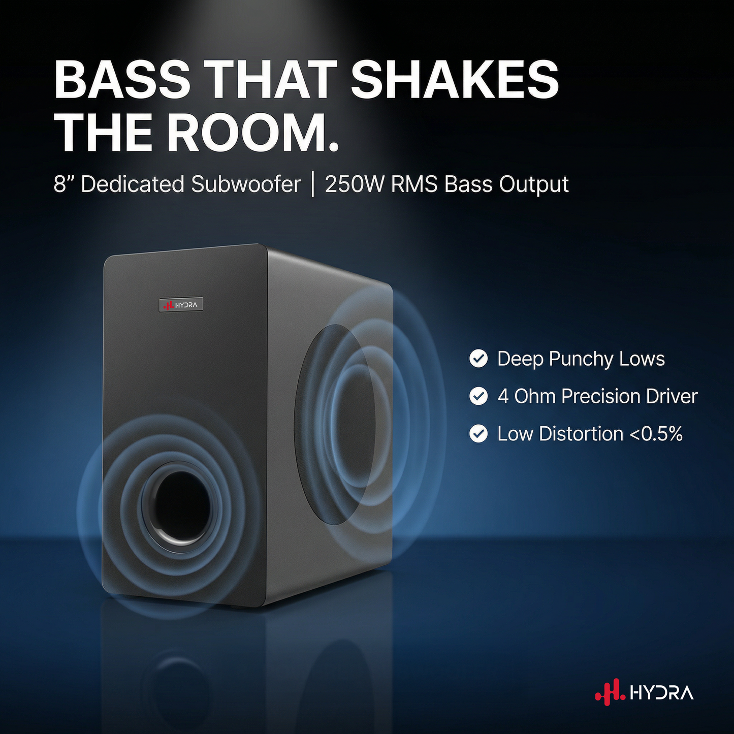 Hydra NexusOne 2.1 Channel Soundbar with 8” Subwoofer (200W | Bluetooth 5.0 | 3D Surround | Black)