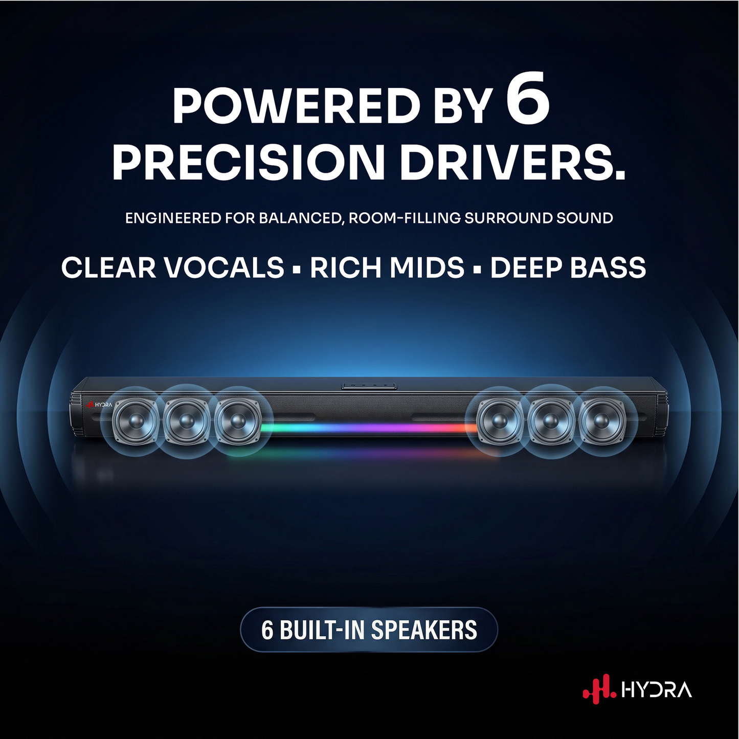 Hydra StormBar 2.1 Channel Soundbar with 8” Subwoofer (180W | Bluetooth 5.0 | 3D Surround | Black)