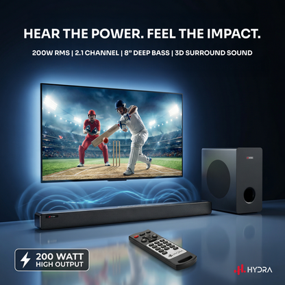 Hydra NexusOne 2.1 Channel Soundbar with 8” Subwoofer (200W | Bluetooth 5.0 | 3D Surround | Black)