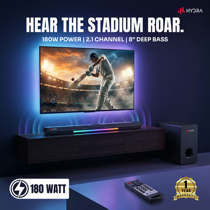 Hydra StormBar 2.1 Channel Soundbar with 8” Subwoofer (180W | Bluetooth 5.0 | 3D Surround | Black)