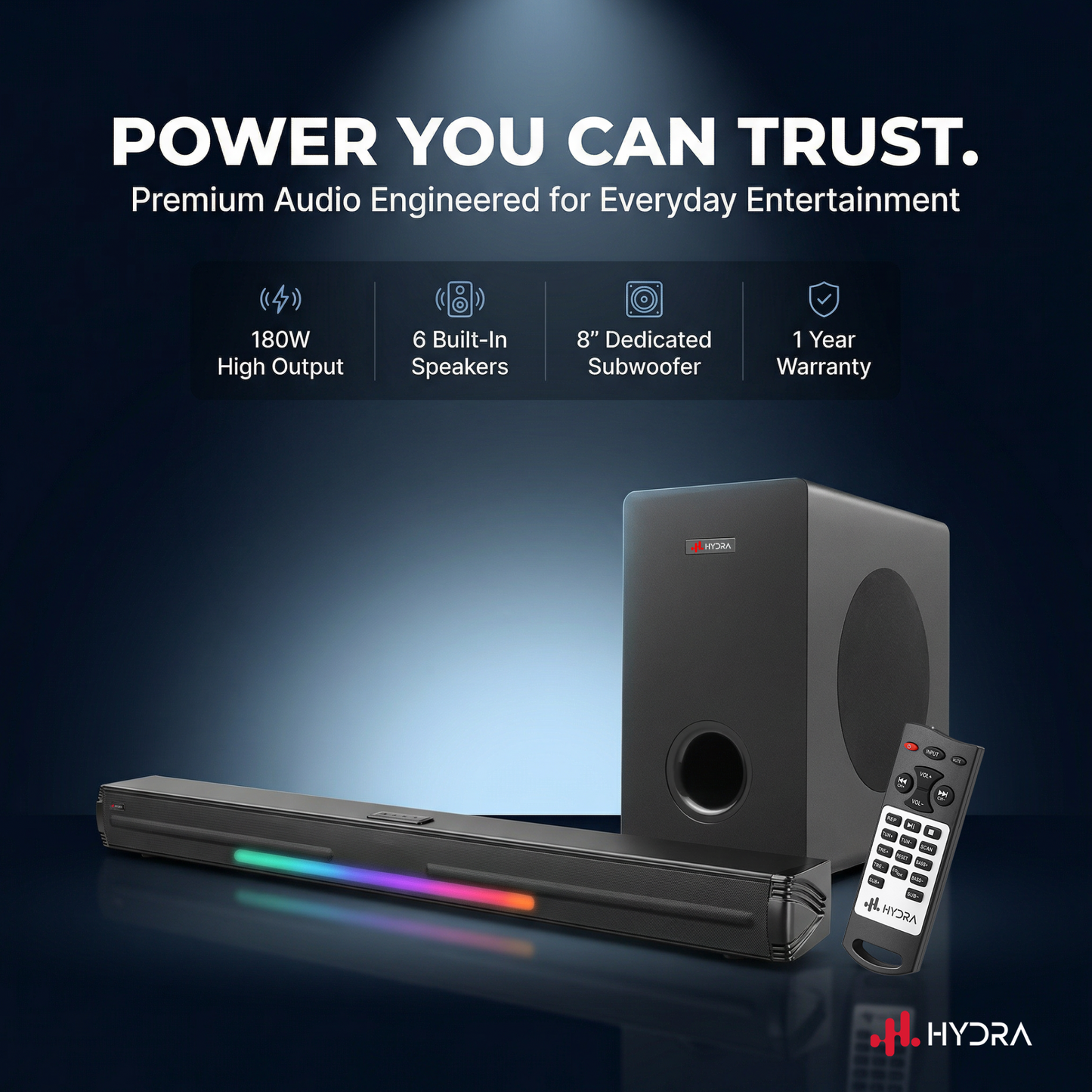 Hydra StormBar 2.1 Channel Soundbar with 8” Subwoofer (180W | Bluetooth 5.0 | 3D Surround | Black)