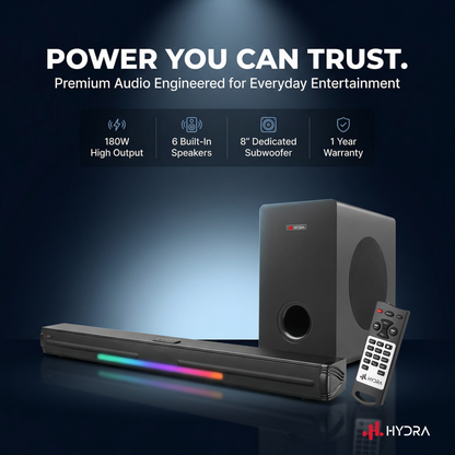 Hydra StormBar 2.1 Channel Soundbar with 8” Subwoofer (180W | Bluetooth 5.0 | 3D Surround | Black)