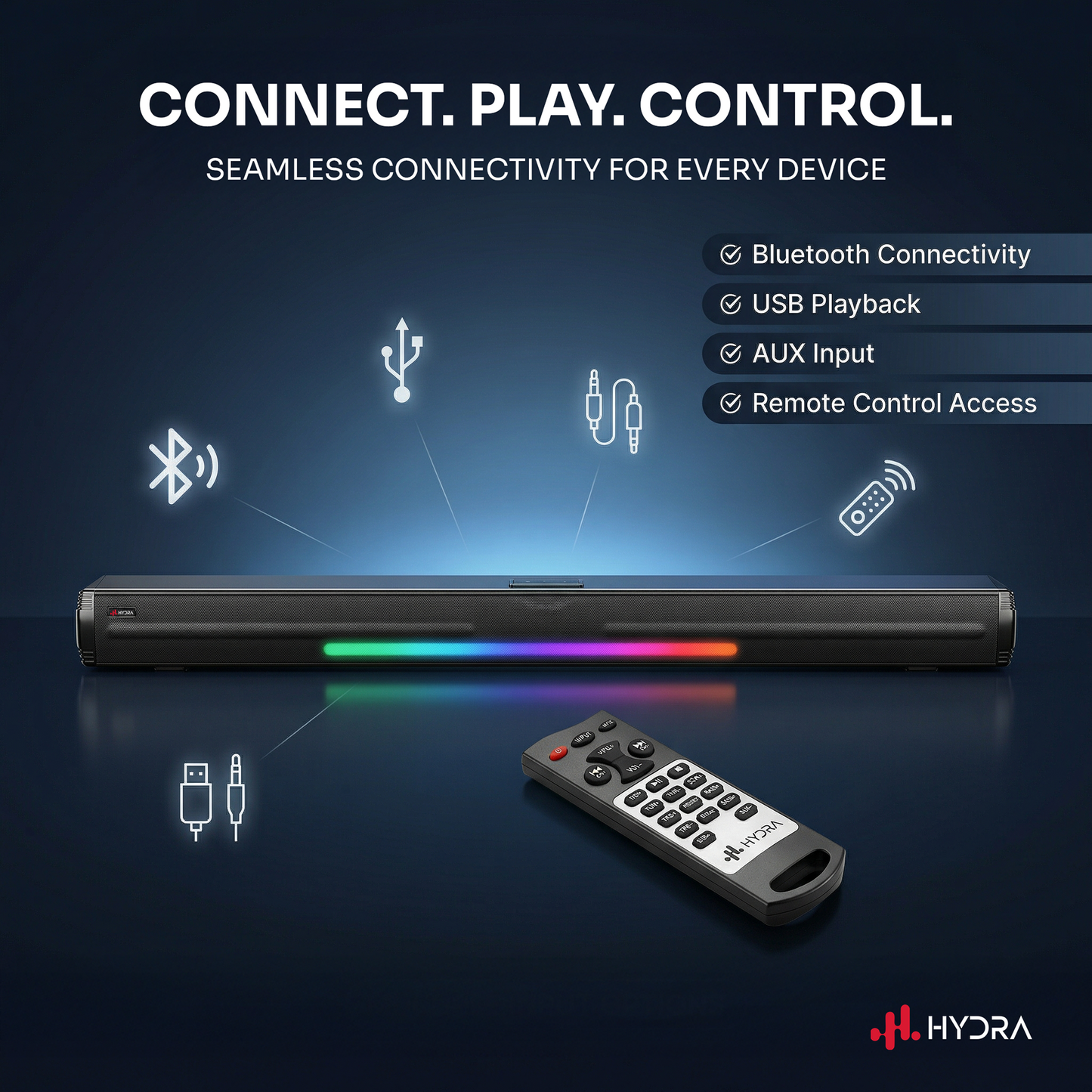 Hydra StormBar 2.1 Channel Soundbar with 8” Subwoofer (180W | Bluetooth 5.0 | 3D Surround | Black)