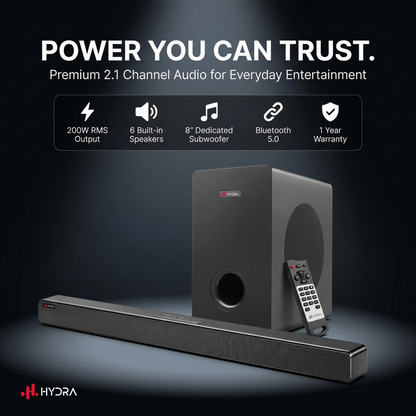 Hydra NexusOne 2.1 Channel Soundbar with 8” Subwoofer (200W | Bluetooth 5.0 | 3D Surround | Black)